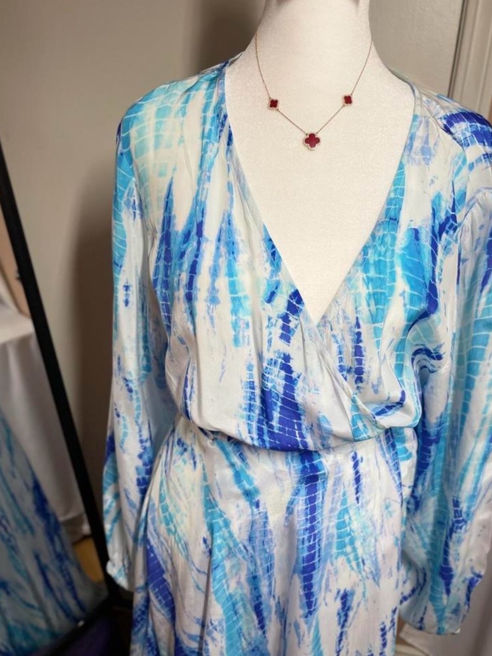 Boston Proper Blue Tie-Dye Faux Wrap Long Sleeve Maxi Dress Size L - Picture 4 of 11